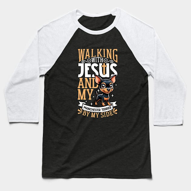 Jesus and dog - Manchester Terrier Baseball T-Shirt by Modern Medieval Design